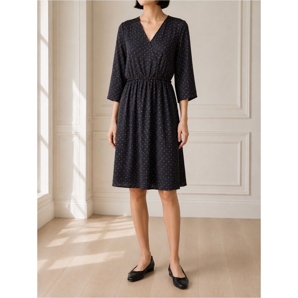 J. Jill Wearever Polka Dot Wrap Dress Black Rust 3/4 Sleeve Knee Length Medium
